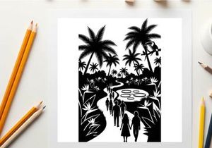 Tropical paradise scene with silhouette of people and palm trees