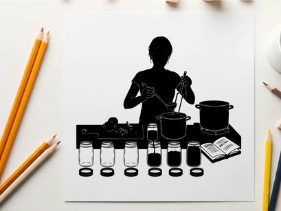 Silhouette of a person cooking with various kitchen utensils and ingredients