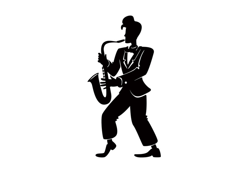 Jazz musician with saxophone black silhouette vector illustration