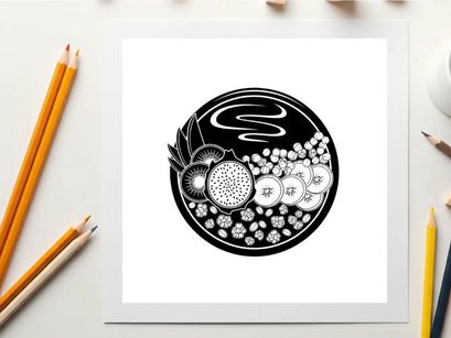 Silhouette of a plate with fruit and decorative design