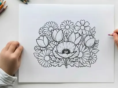 White daisies and poppy flowers bouquet vector illustration