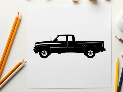 Silhouette of a classic pickup truck with a long bed and two doors
