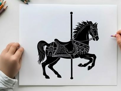 Silhouette of a galloping carousel horse on a pole