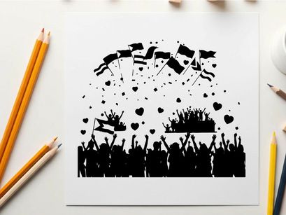 Silhouette of a crowd celebrating with flags and hearts in the air