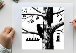 Silhouette of birds on a tree with bird feeders and branches