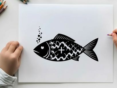 Black silhouette fish with cross on side swimming left