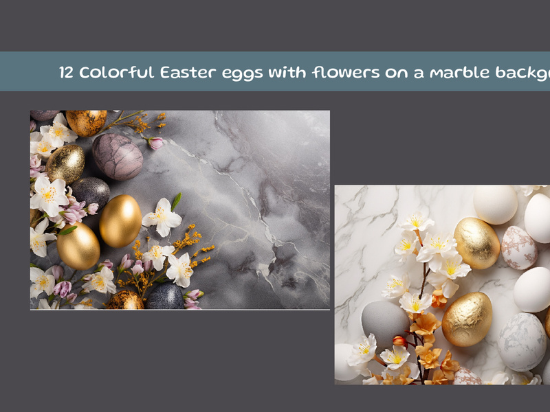 Colorful Easter eggs with flowers on a marble background