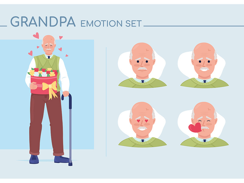 Old man falling in love semi flat color character emotions set