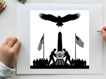 Silhouette of soldiers and eagle at memorial with american flags