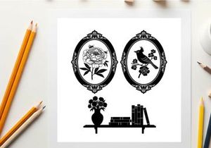 Silhouette of ornate frames with flower bird vase and books