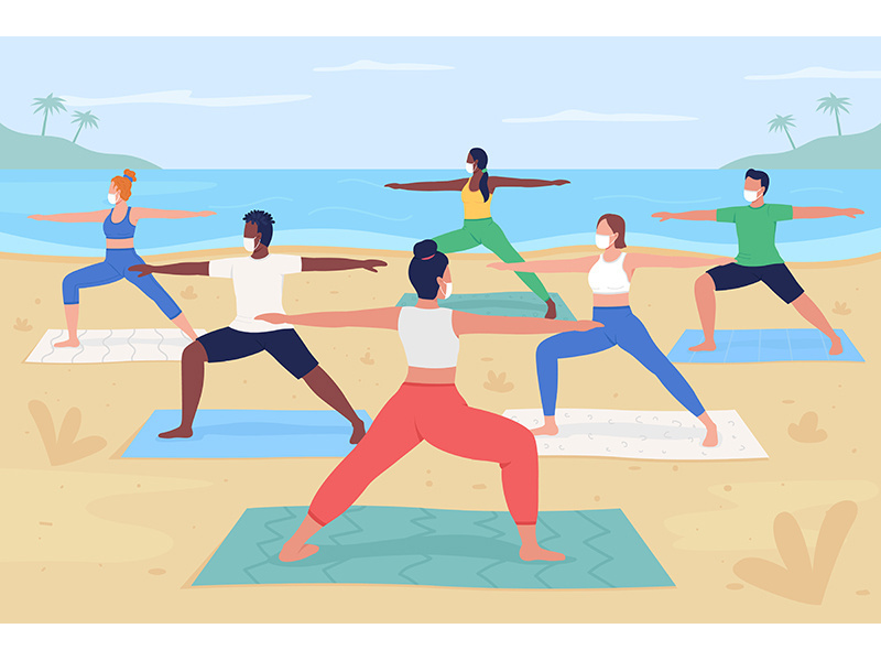 Yoga retreat during pandemic flat color vector illustration