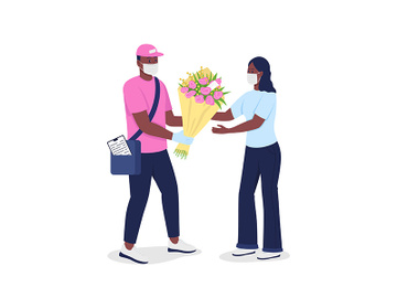 African american courier in face mask gives woman flowers flat color vector detailed characters preview picture