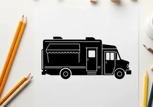 Silhouette of a food truck with awning and service door