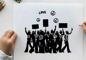 Peaceful protesters with signs and silhouette peace symbols