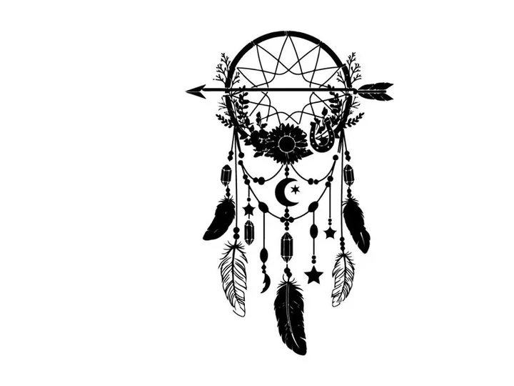 Silhouette dreamcatcher with moon stars and feathers