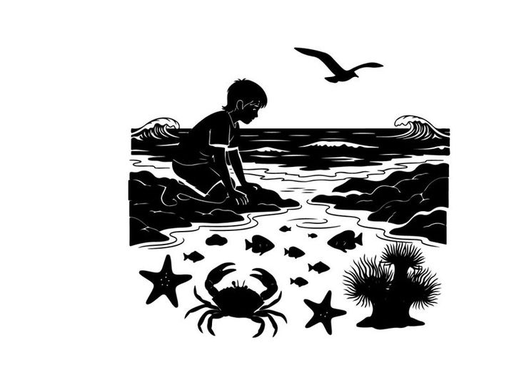 Boy exploring beach with marine life and seagull