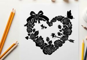 Silhouette heart with roses bow and butterfly