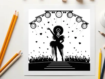 Silhouette of a drag queen performing on stage with confetti
