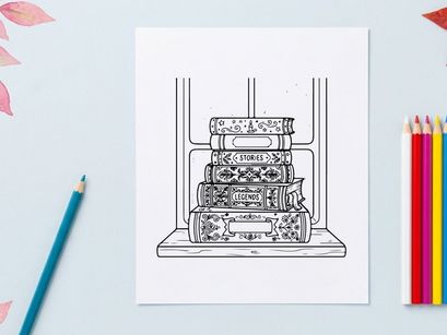 Pilha de livros vintage em um parapeito de janela, ilustração de arte linear aconchegante para leitura de feriado de Natal.
