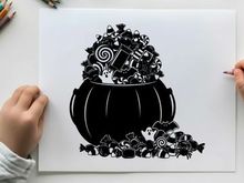 Black cauldron silhouette overflowing with halloween candy and treats