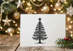 Ilustração de árvore de Natal em preto e branco com enfeites intrincados e topo em estrela.