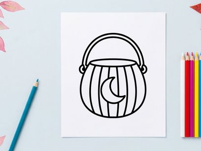 Icono de cubo de dulces de Halloween. Cubo de truco o trato con símbolo de luna para diseño de festividades.