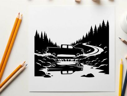 Silhouette of a pickup truck crossing a bridge over a stream