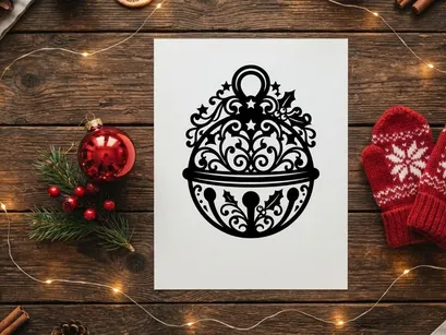 Dekorative Weihnachtsglocken-Silhouette mit filigranen Blumenmustern und Stechpalmenblättern