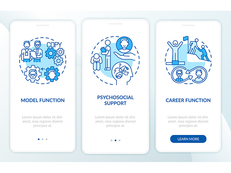 Functions of mentor onboarding mobile app page screen with concepts