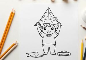Child balancing pizza hat vector illustration flat design
