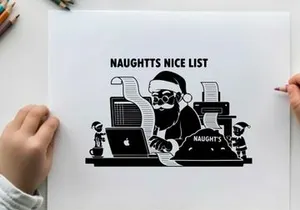 Santa claus checking naughty list on computer silhouette style image