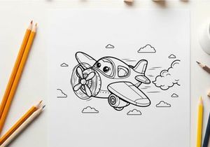 Cute cartoon airplane flying in sky vector illustration