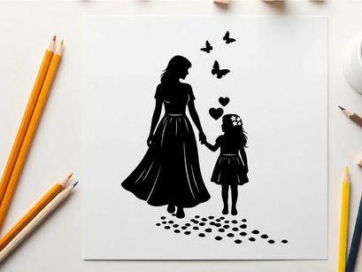 Silhouette of mother and child with butterflies and hearts