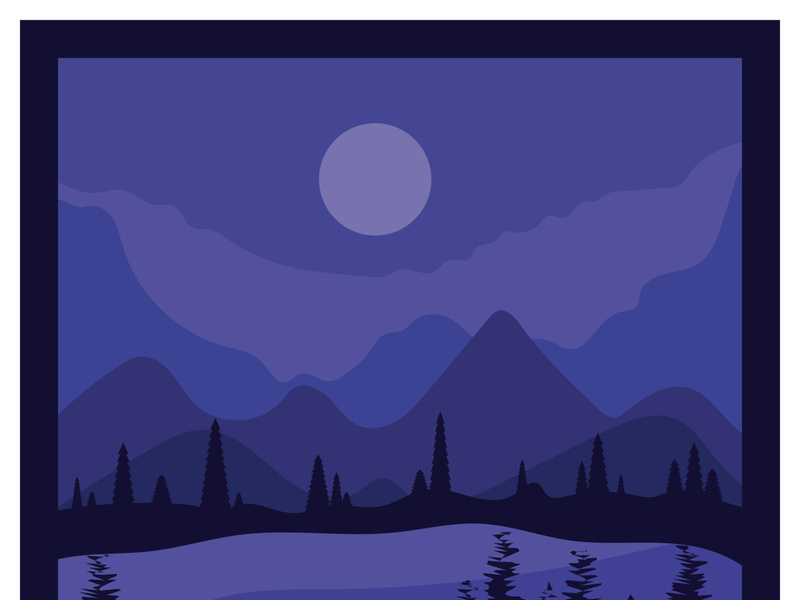 Beautiful landscape of mountains pine trees and moon design vector