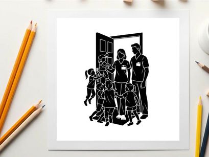 Family entering home with children running silhouette
