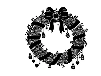 Black and white silhouette christmas wreath with bow and ornaments