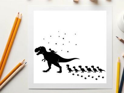 Silhouette of a t rex and its baby dinosaurs walking in a line