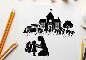 Silhouette of mother and child in front of school