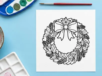 Christmas wreath line art illustration with pine branches and a decorative festive bow
