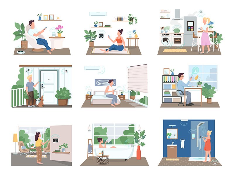 People in smart homes flat color vector faceless characters set
