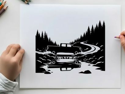 Silhouette of a pickup truck crossing a bridge over a stream