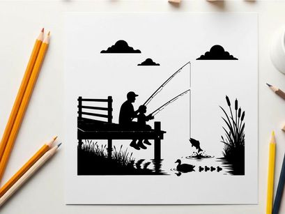 Silhouette of man and child fishing on a serene lake