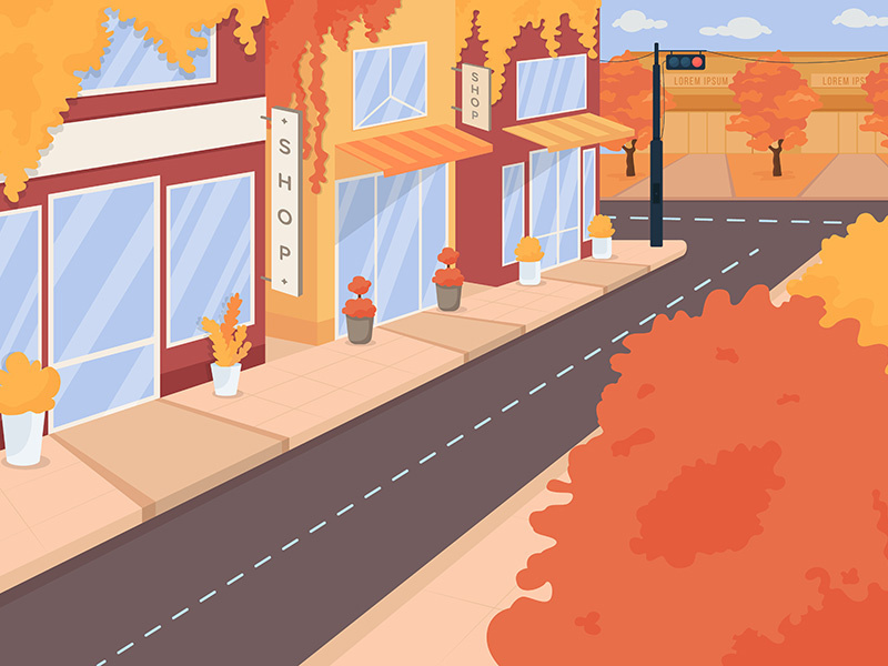 Autumn city street flat color vector illustration