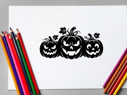 Silhouettes of three carved Halloween pumpkins with vines and leaves