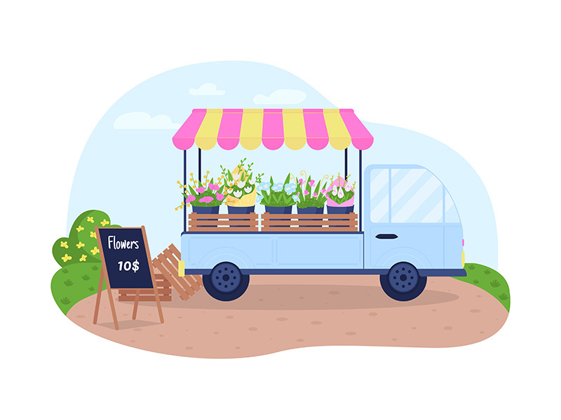 Floral cart 2D vector web banner, poster
