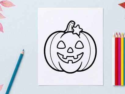 Hand-drawn Halloween jack-o-lantern with glowing smile and star. Cute cartoon pumpkin face illustration for festive autumn decor and party designs.