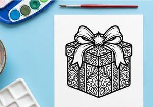 Christmas gift box with ornate floral pattern and bow, black and white line art illustration