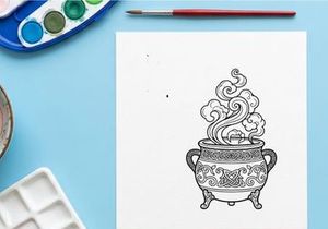 Witch cauldron with magic steam. Halloween potion pot illustration for coloring page.