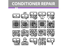 Conditioner Repair Vector Thin Line Icons Set