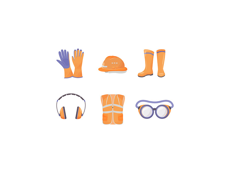 Worker personal protective equipment flat color vector objects set